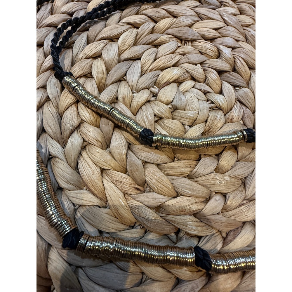 Chicos Gold Tone Disc Knotted Cord Statement Necklace Black Braided Adjustable - Picture 4 of 6